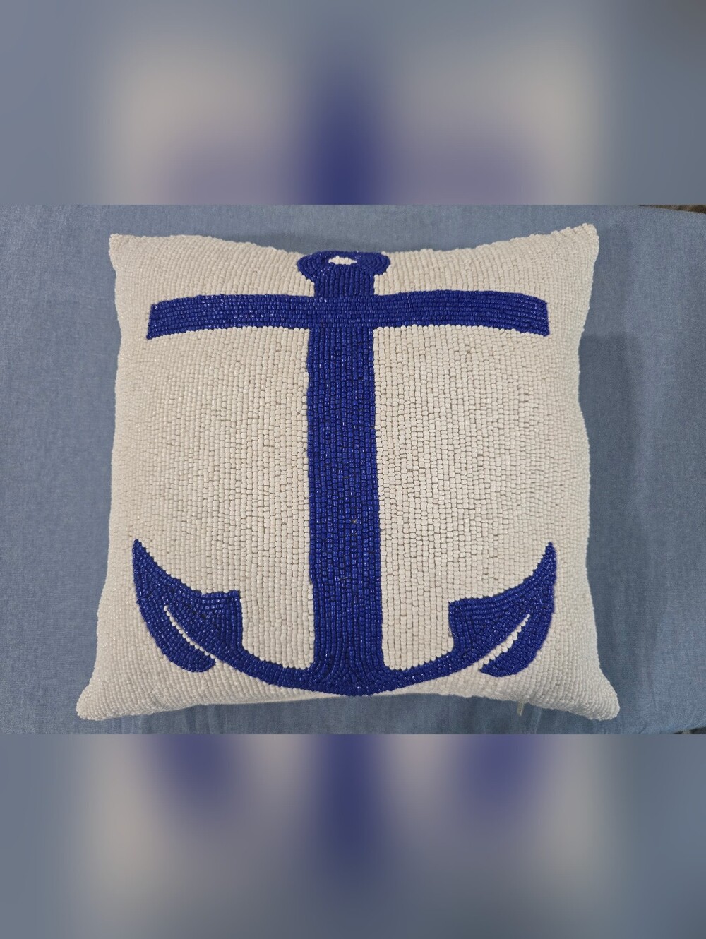 Beaded Anchor Throw Pillow - White & Royal Blue